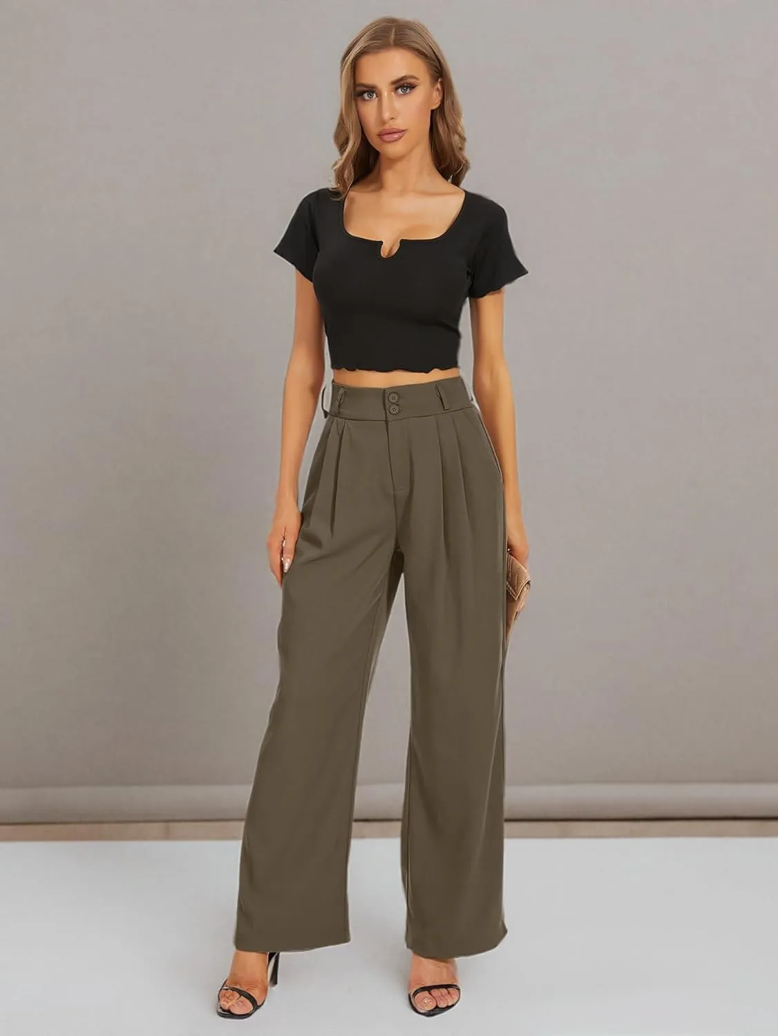 Women High Waist Wide Leg Dress Pants Pleated Front Wide Waistband Elastic Work Casual Long Trousers
