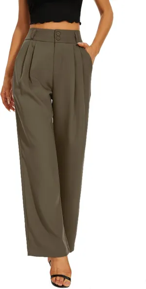 Women High Waist Wide Leg Dress Pants Pleated Front Wide Waistband Elastic Work Casual Long Trousers