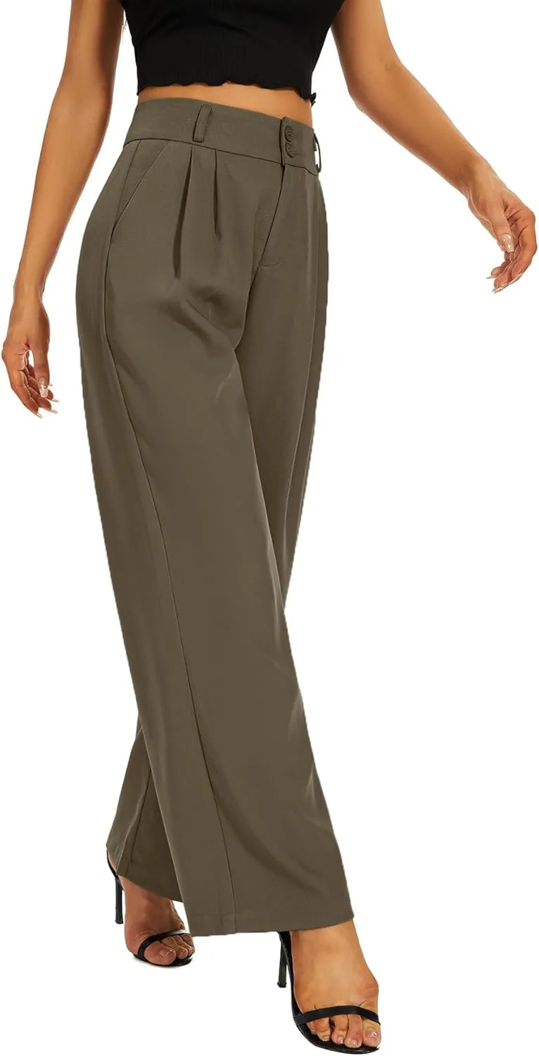 Women High Waist Wide Leg Dress Pants Pleated Front Wide Waistband Elastic Work Casual Long Trousers