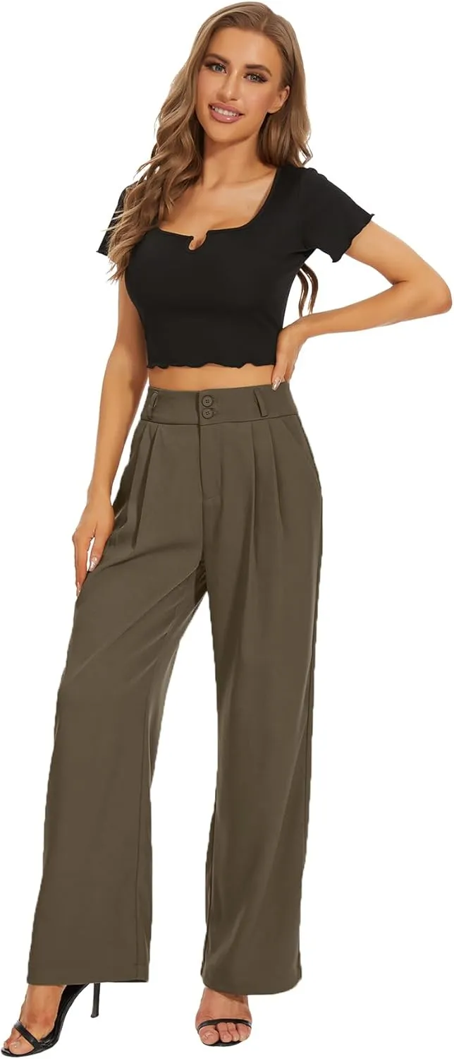 Women High Waist Wide Leg Dress Pants Pleated Front Wide Waistband Elastic Work Casual Long Trousers