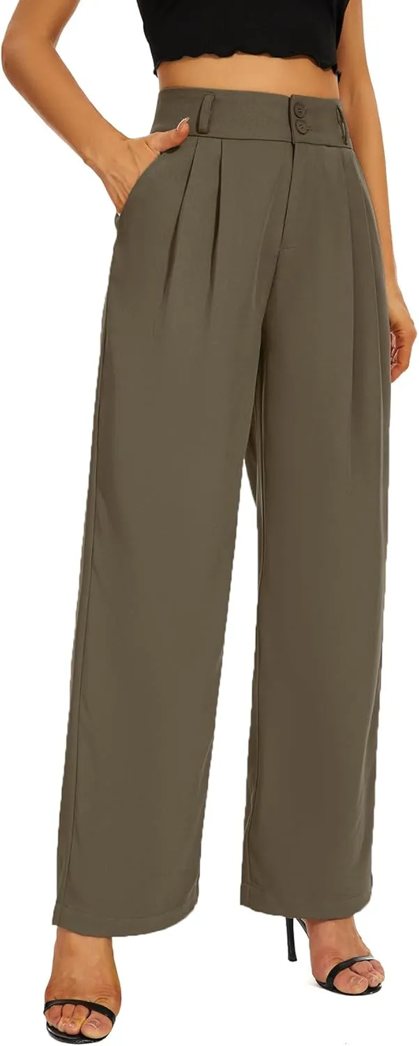 Women High Waist Wide Leg Dress Pants Pleated Front Wide Waistband Elastic Work Casual Long Trousers