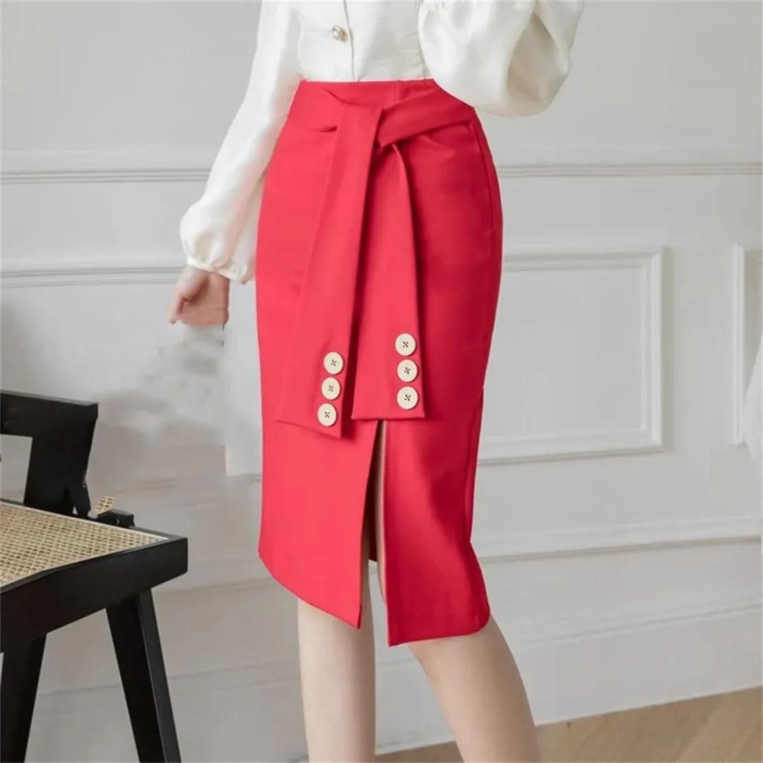 Women Korean Fashion High Waist Bodycon Pencil Skirts Office Elastic Sexy Midi Skirt