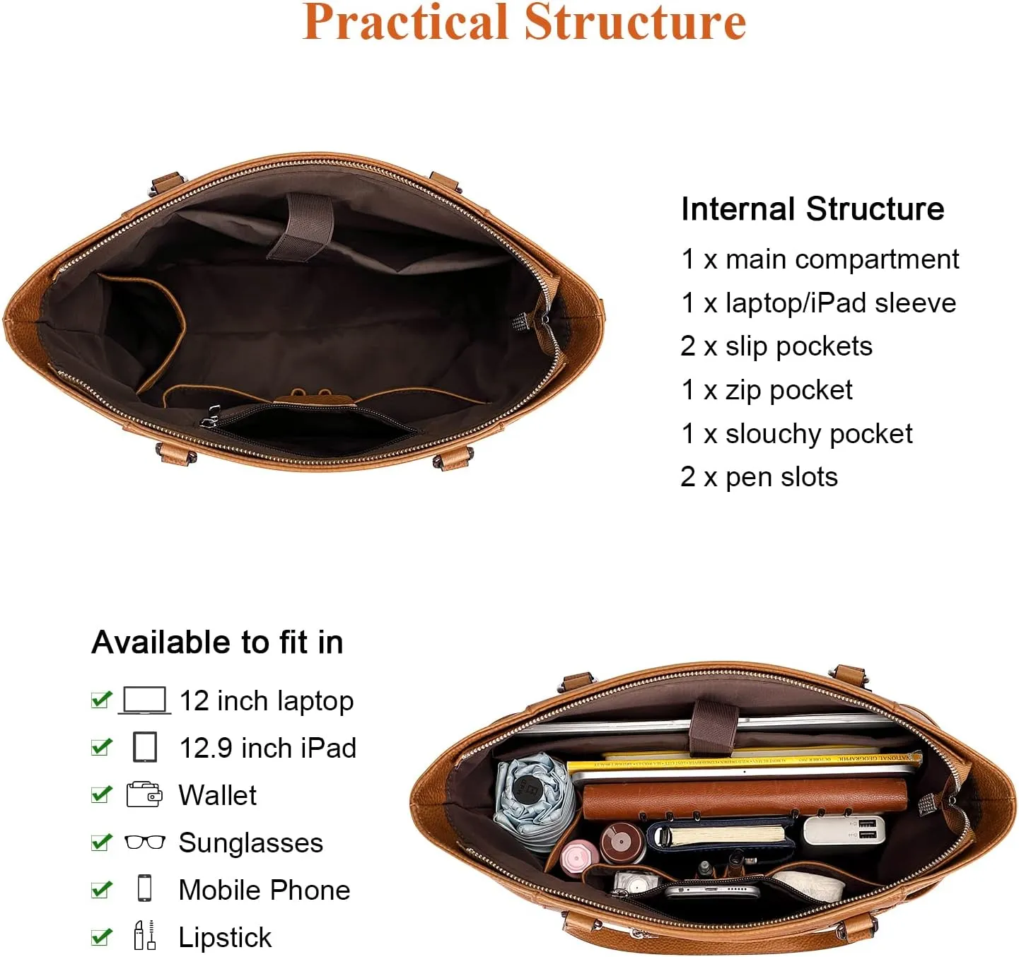Women Leather Handbags Genuine Leather Tote Shoulder Bag Crossbody with Multi Pockets(O105E Two Tone Brown)