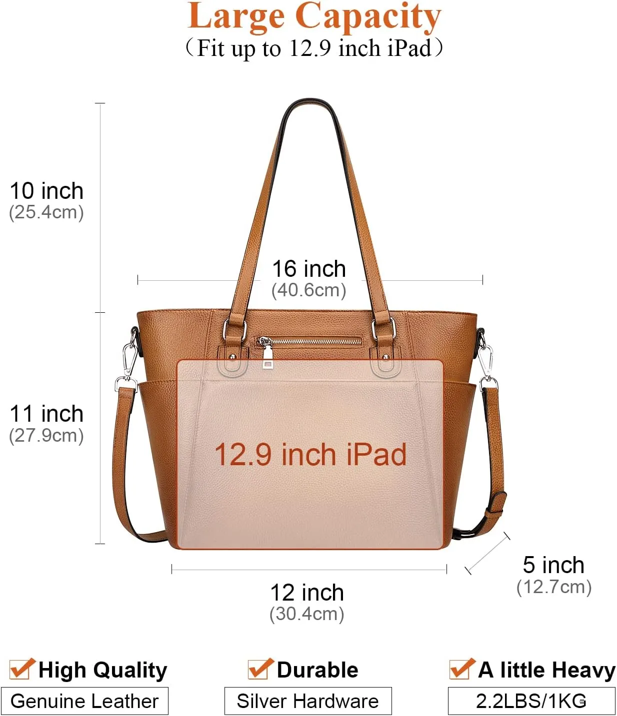 Women Leather Handbags Genuine Leather Tote Shoulder Bag Crossbody with Multi Pockets(O105E Two Tone Brown)