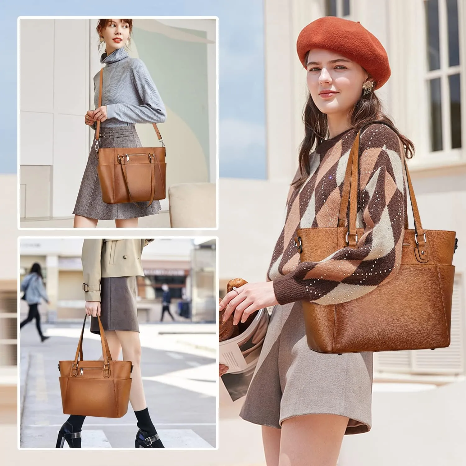 Women Leather Handbags Genuine Leather Tote Shoulder Bag Crossbody with Multi Pockets(O105E Two Tone Brown)