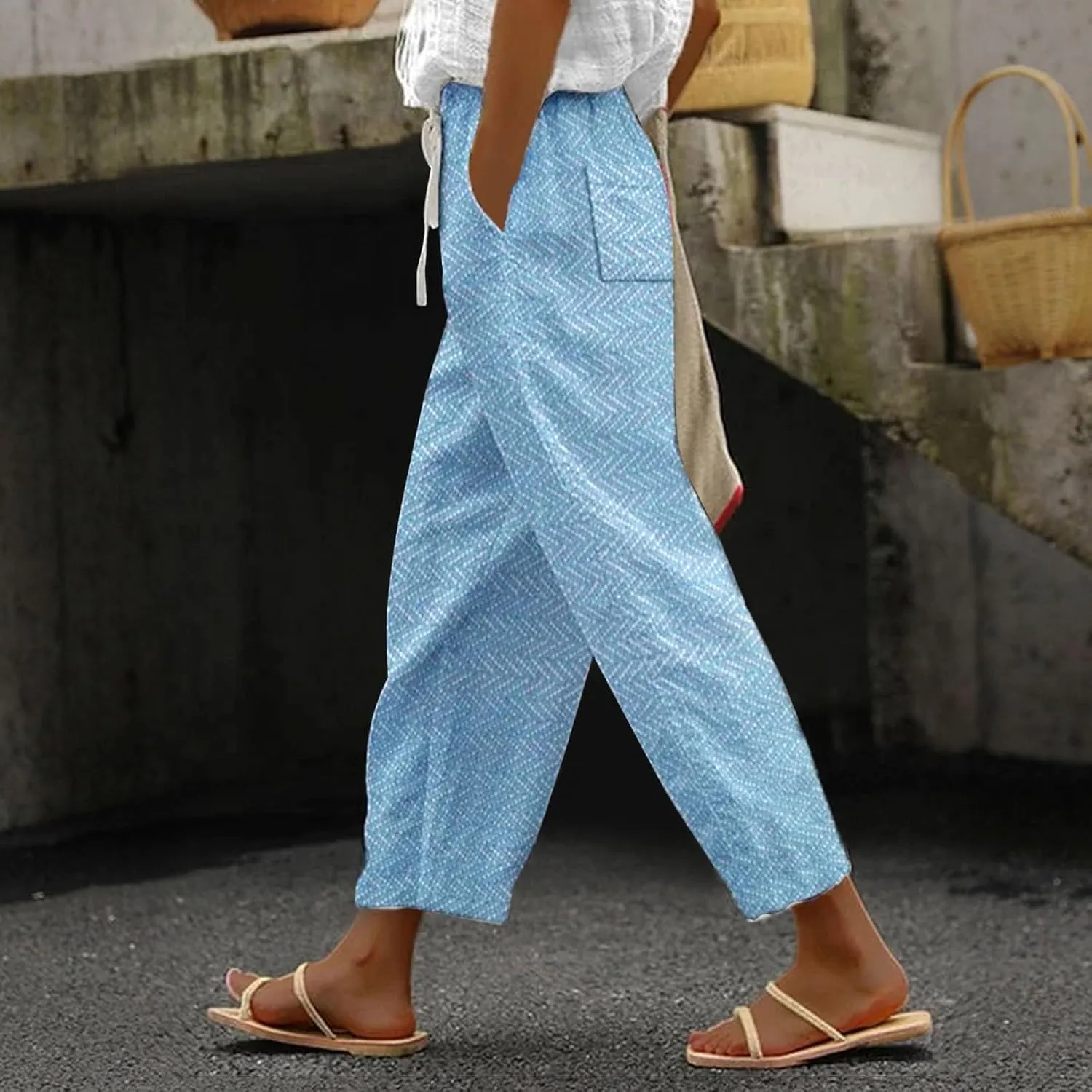 Women Linen Pants Waist Pants Drawstring Capri Pants with Pockets Wide Leg Cropped Elastic High Waist Comfy Loose