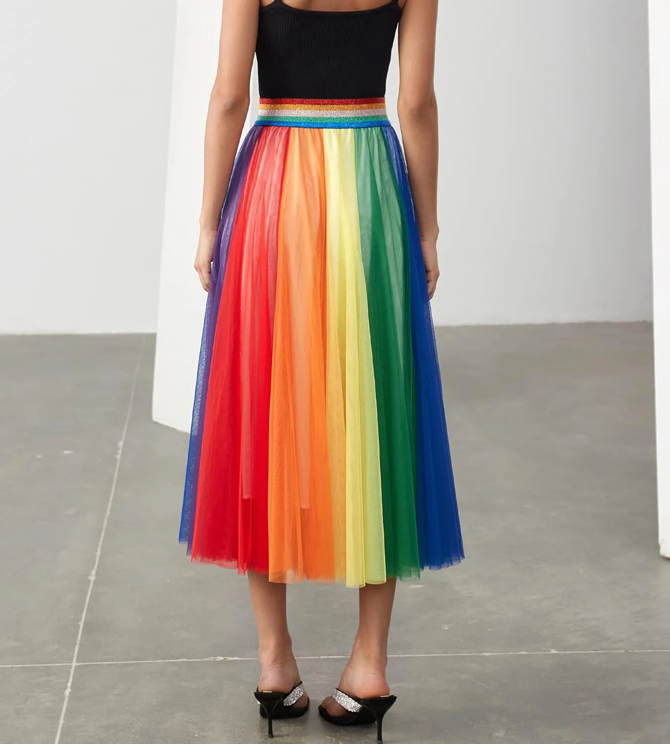 Women Pleated Long Tulle Skirt High Elastic Waist Swing Casual Midi Skirt