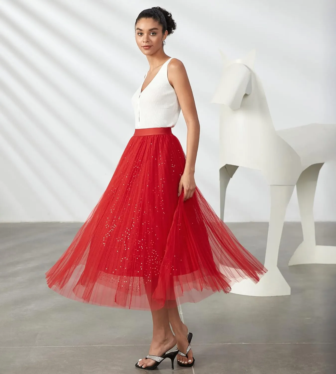 Women Pleated Long Tulle Skirt High Elastic Waist Swing Casual Midi Skirt