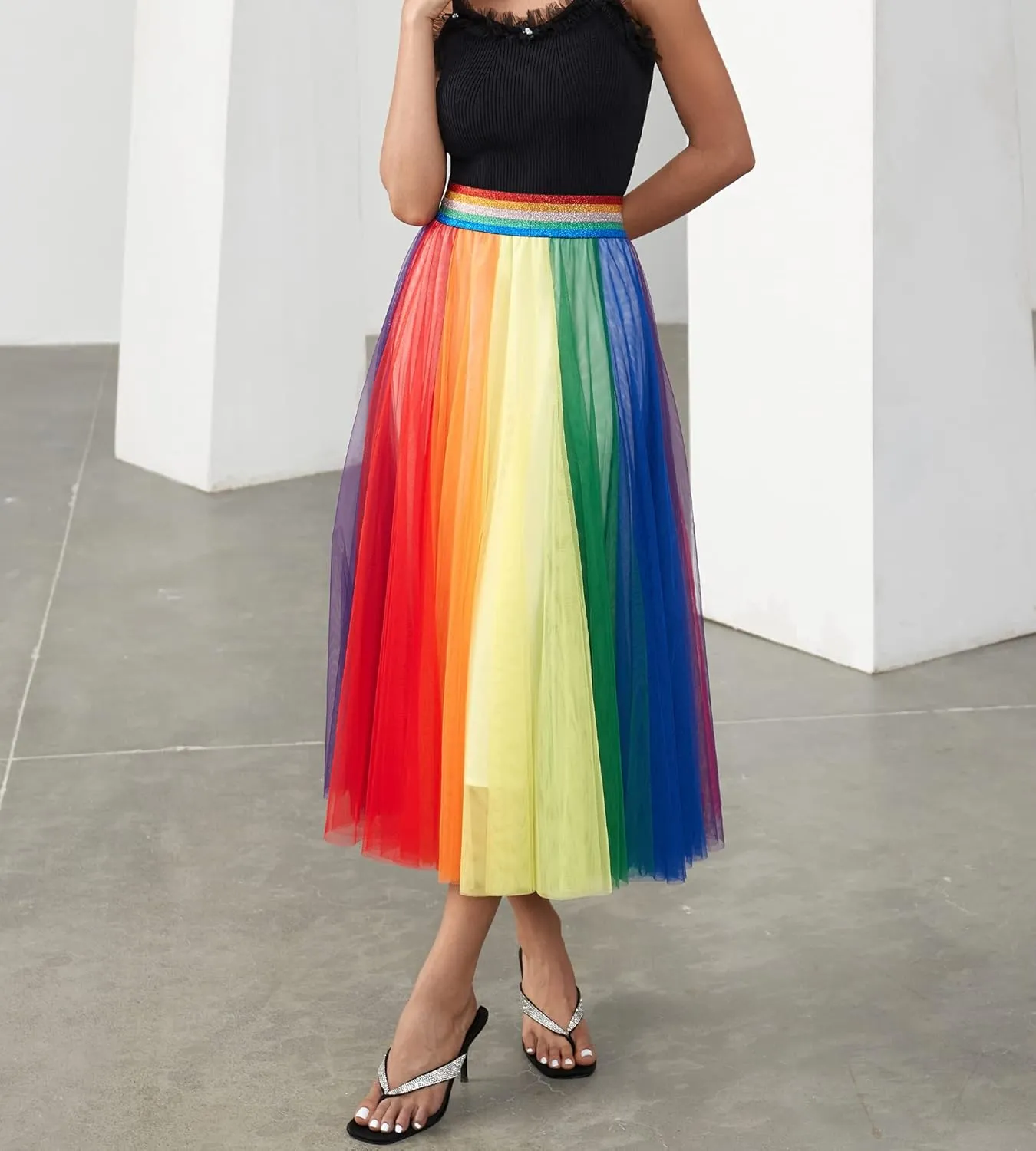 Women Pleated Long Tulle Skirt High Elastic Waist Swing Casual Midi Skirt