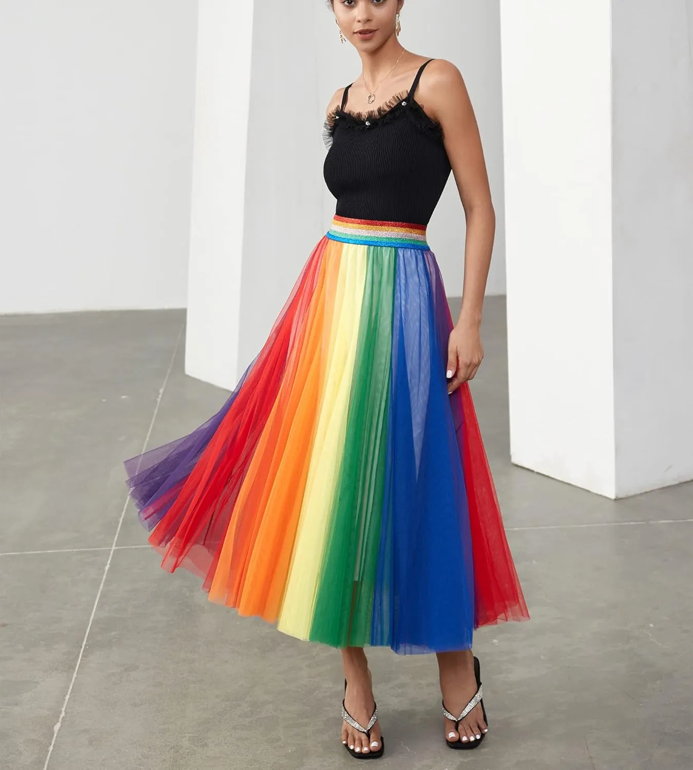 Women Pleated Long Tulle Skirt High Elastic Waist Swing Casual Midi Skirt