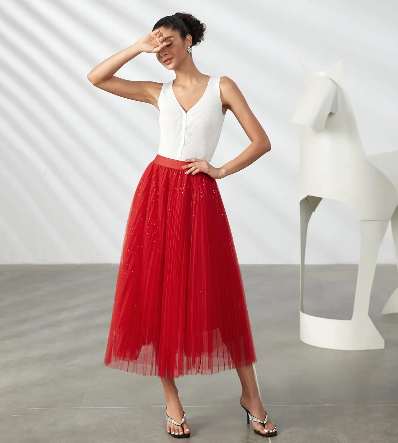 Women Pleated Long Tulle Skirt High Elastic Waist Swing Casual Midi Skirt