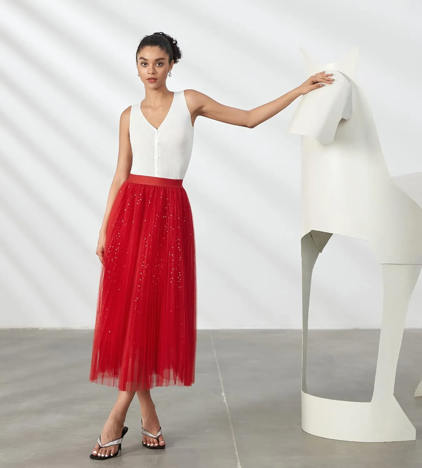 Women Pleated Long Tulle Skirt High Elastic Waist Swing Casual Midi Skirt