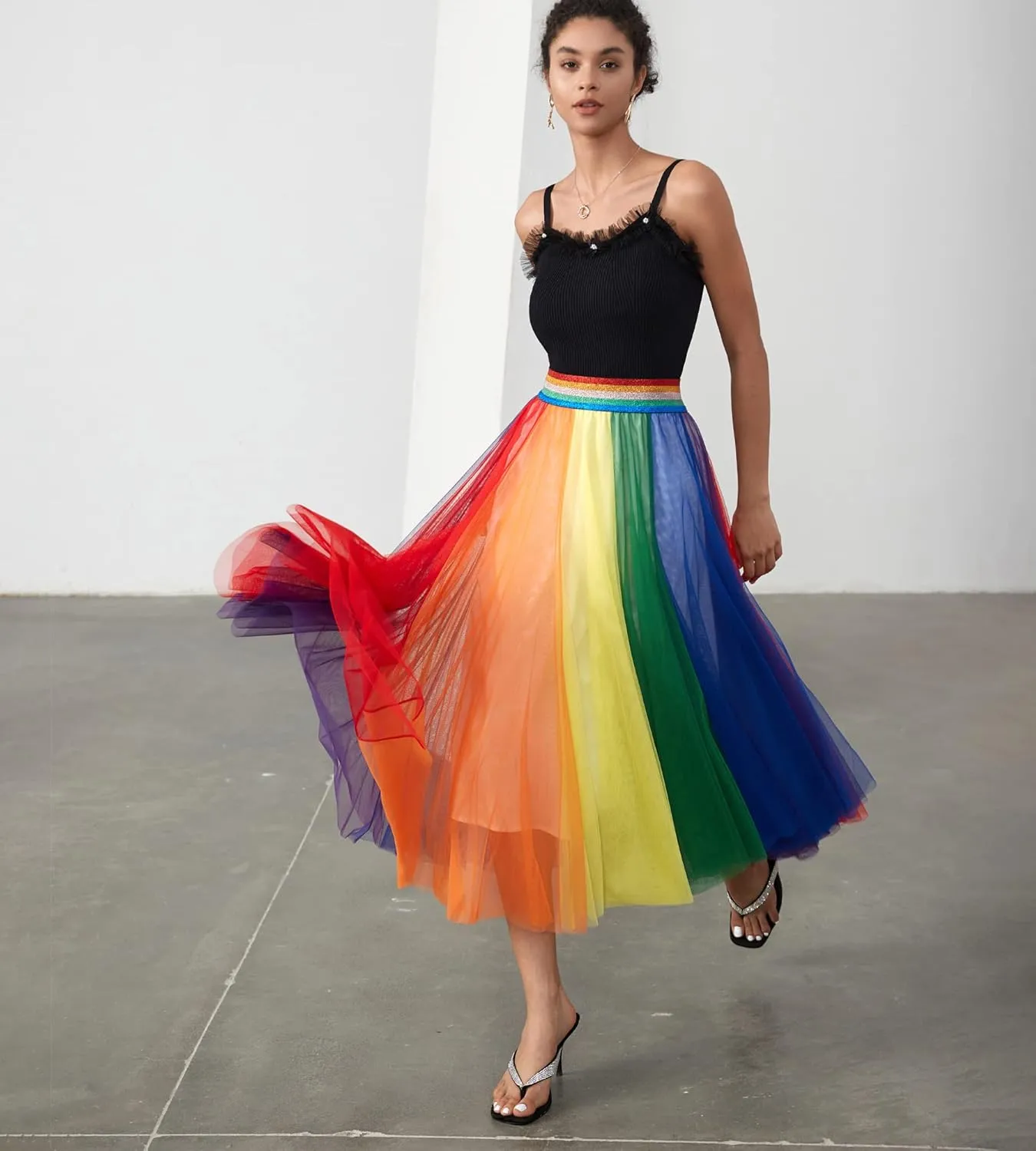 Women Pleated Long Tulle Skirt High Elastic Waist Swing Casual Midi Skirt
