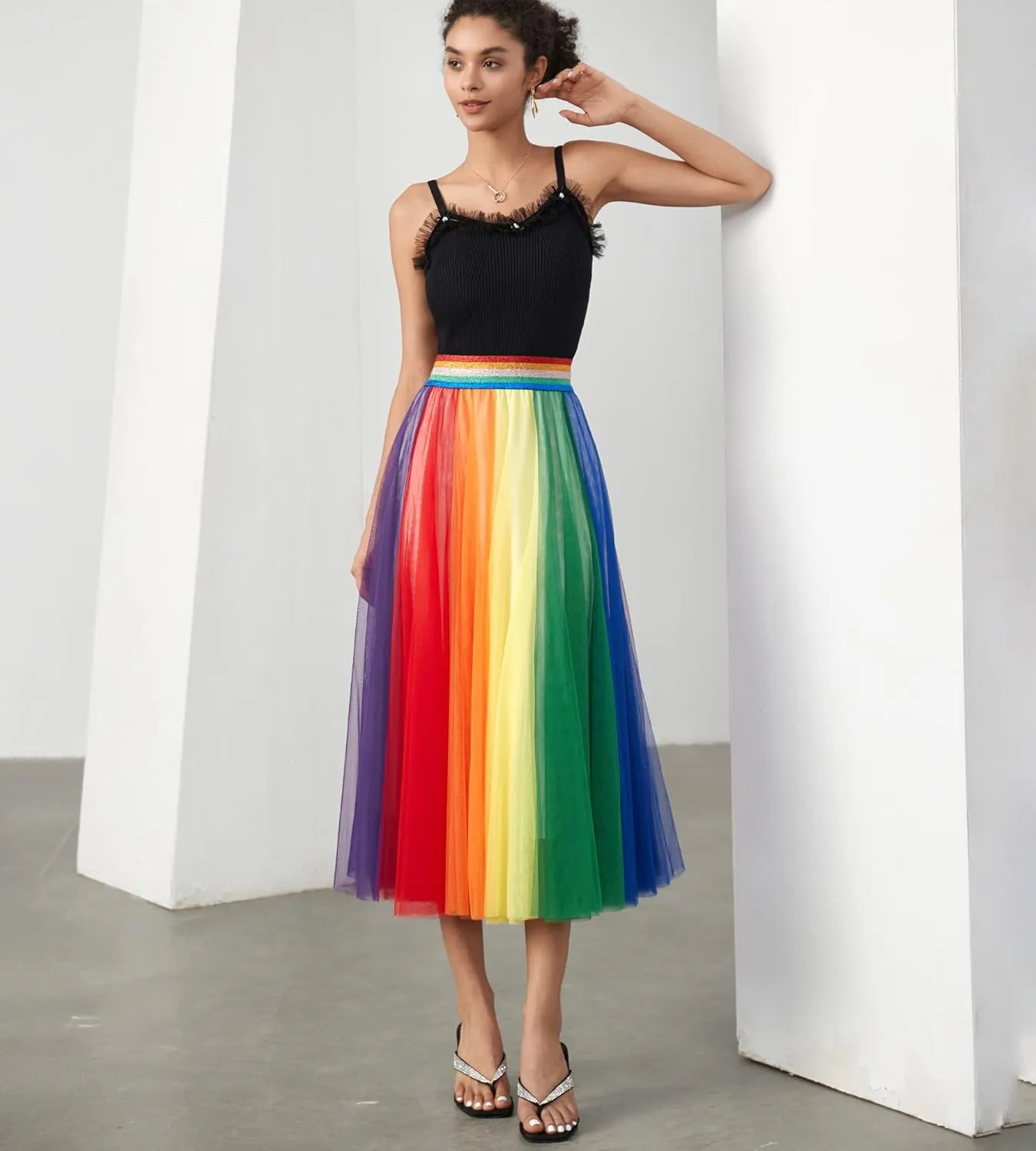 Women Pleated Long Tulle Skirt High Elastic Waist Swing Casual Midi Skirt