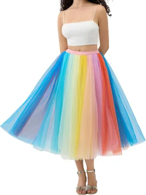 Women Pleated Long Tulle Skirt High Elastic Waist Swing Casual Midi Skirt