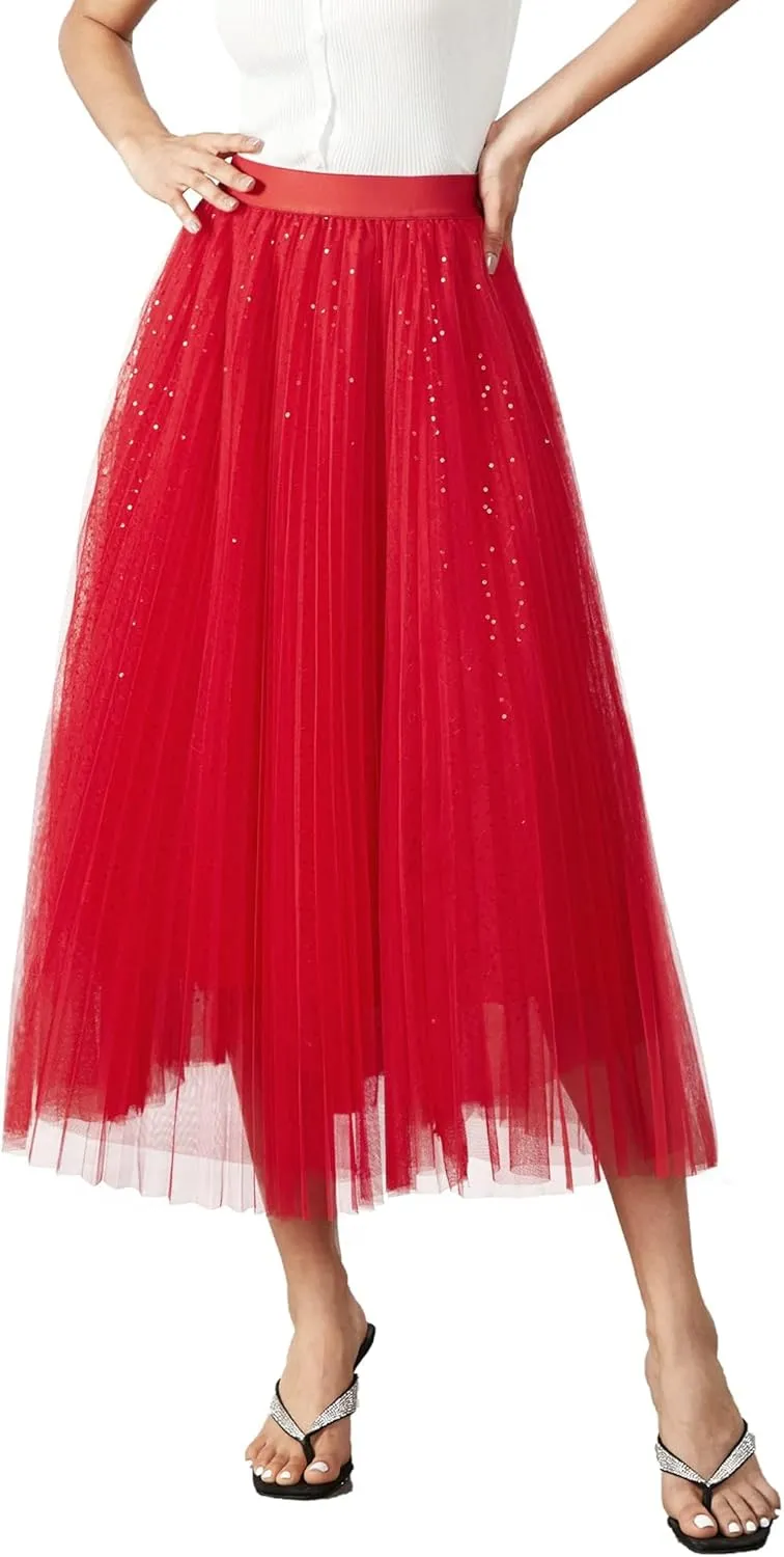 Women Pleated Long Tulle Skirt High Elastic Waist Swing Casual Midi Skirt