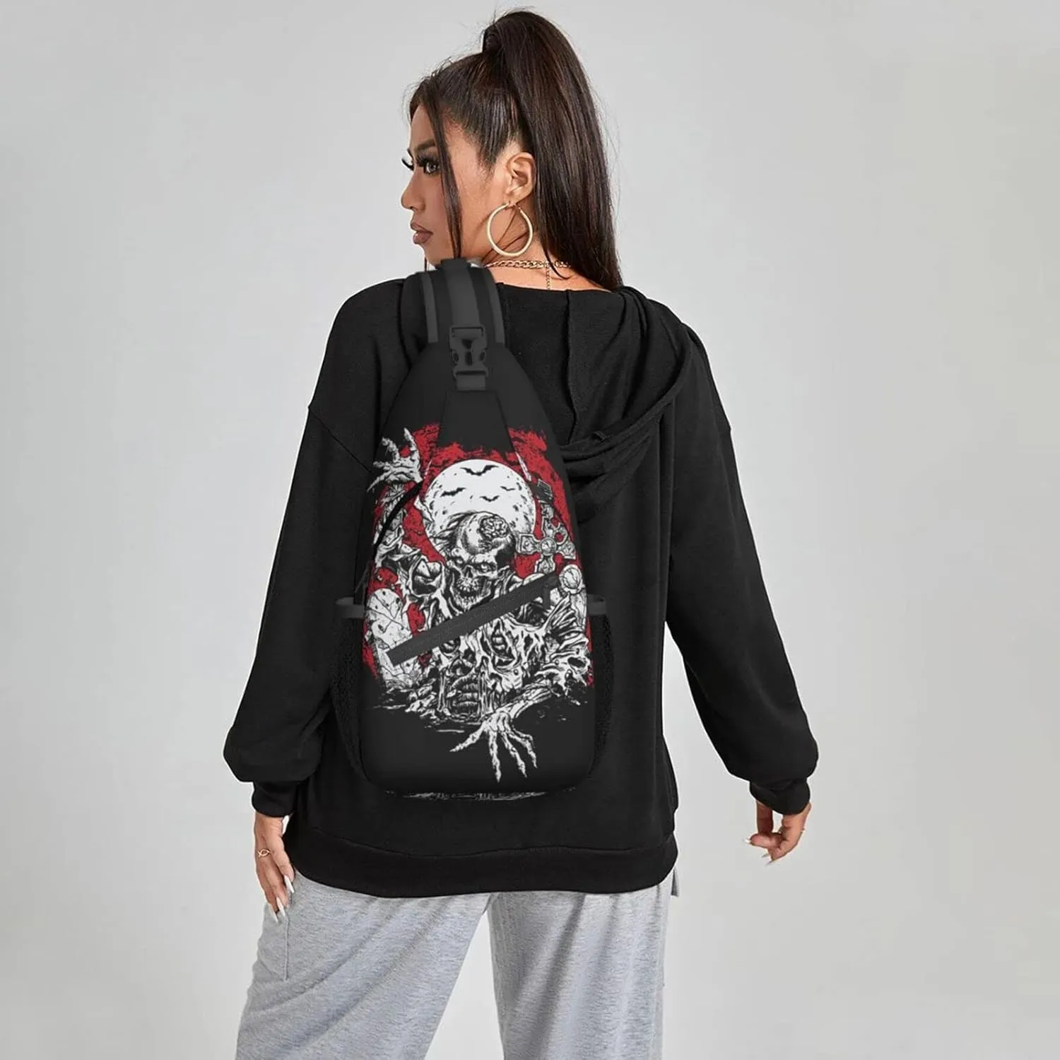 Women Scary Grave Zombie Halloween Skeleton Crossbody Sling Backpack for Men Chest Bag Shoulder Bag Lightweight One Strap Backpack Travel Outdoor Daypack