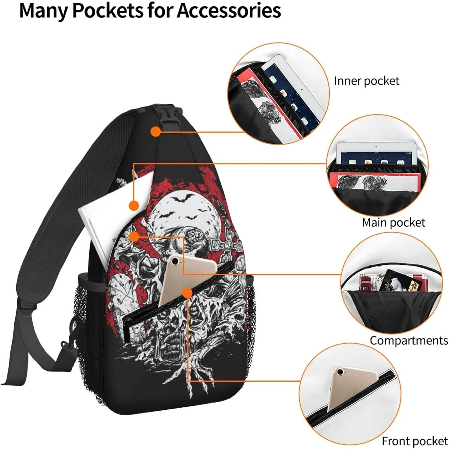 Women Scary Grave Zombie Halloween Skeleton Crossbody Sling Backpack for Men Chest Bag Shoulder Bag Lightweight One Strap Backpack Travel Outdoor Daypack
