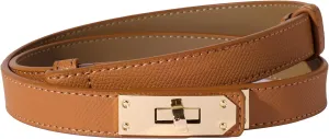 Women Skinny Leather Belt Solid Color Alloy Turn Lock Adjustable Waistband for Dresses Jeans Coats