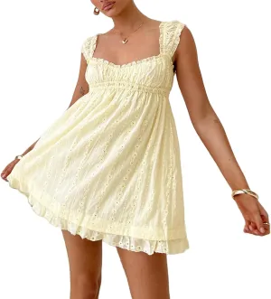 Women Sleeveless Mini Sundress Floral Embroidery Elastic Waist Aline Dress Square Neck Babydoll Short Dress