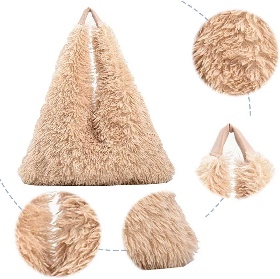 Women Soft Plush Shoulder Bag Fluffy Autumn Winter Handbag Closure Slouchy Hobo Bag Underarm Bag Shopping Trvavel B