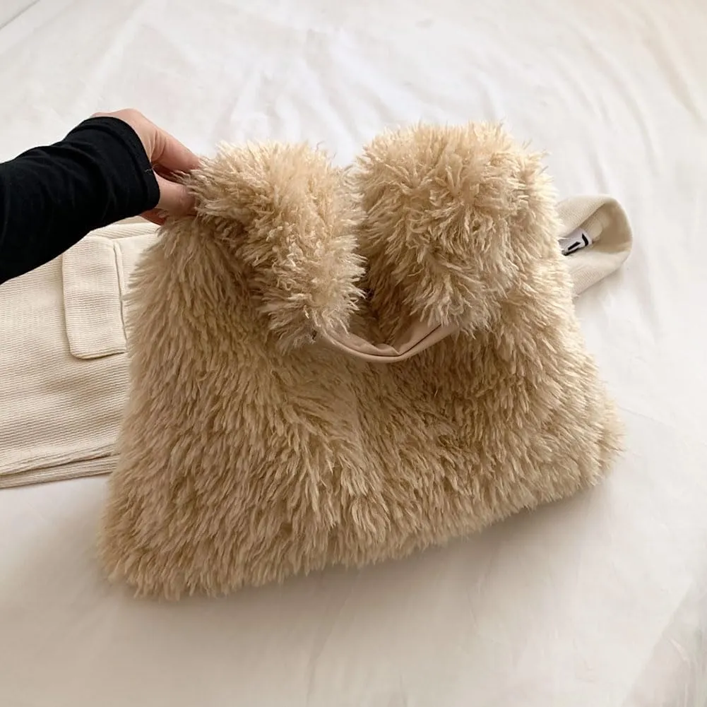 Women Soft Plush Shoulder Bag Fluffy Autumn Winter Handbag Closure Slouchy Hobo Bag Underarm Bag Shopping Trvavel B