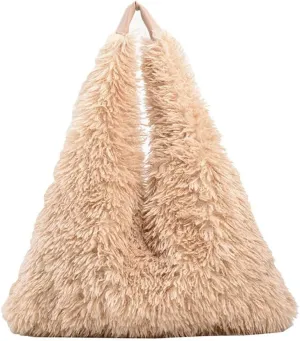 Women Soft Plush Shoulder Bag Fluffy Autumn Winter Handbag Closure Slouchy Hobo Bag Underarm Bag Shopping Trvavel B