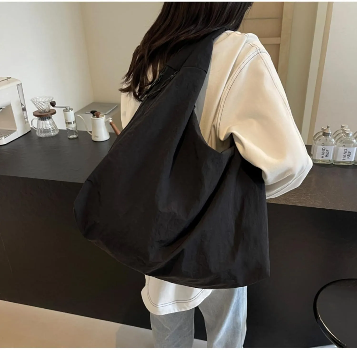 Women Solid Color Draped Tote Bag Large Capacity Nylon Shoulder Purse Versatile Slouchy Hobo Bag Travel Sport