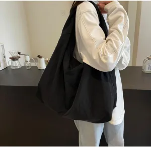 Women Solid Color Draped Tote Bag Large Capacity Nylon Shoulder Purse Versatile Slouchy Hobo Bag Travel Sport