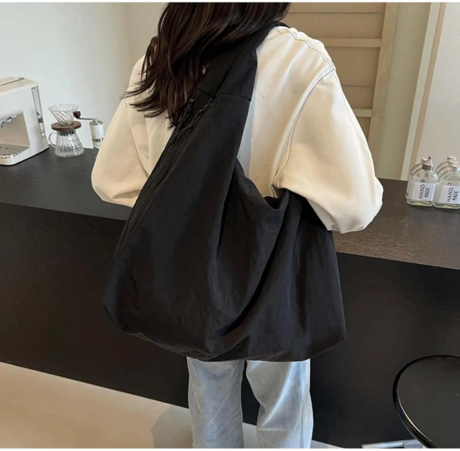 Women Solid Color Draped Tote Bag Large Capacity Nylon Shoulder Purse Versatile Slouchy Hobo Bag Travel Sport