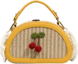 Women Straw Beach Bag Woven Hobo Handbag Ladies Top-handle Straw Purse Summer Vacation Bag Cherry Crossbody Purse for Travel
