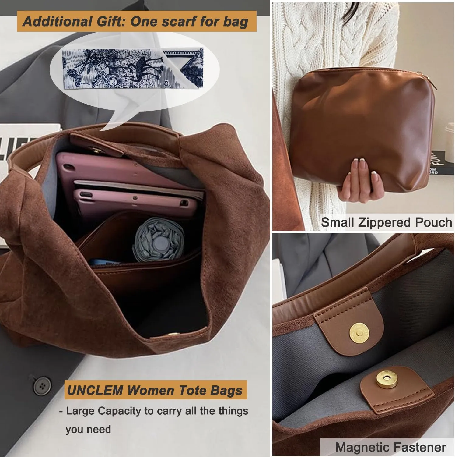Women Suede Hobo Bags - Vintage Leather Slouchy Shoulder Tote Handbag