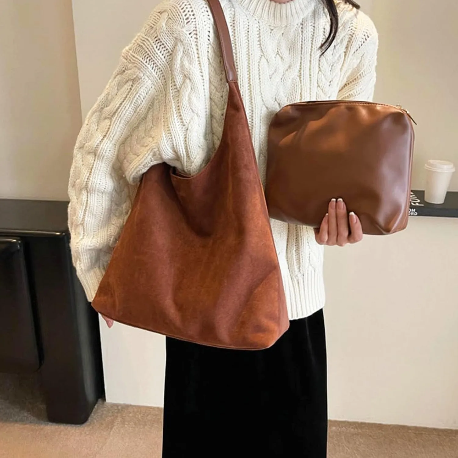 Women Suede Hobo Bags - Vintage Leather Slouchy Shoulder Tote Handbag