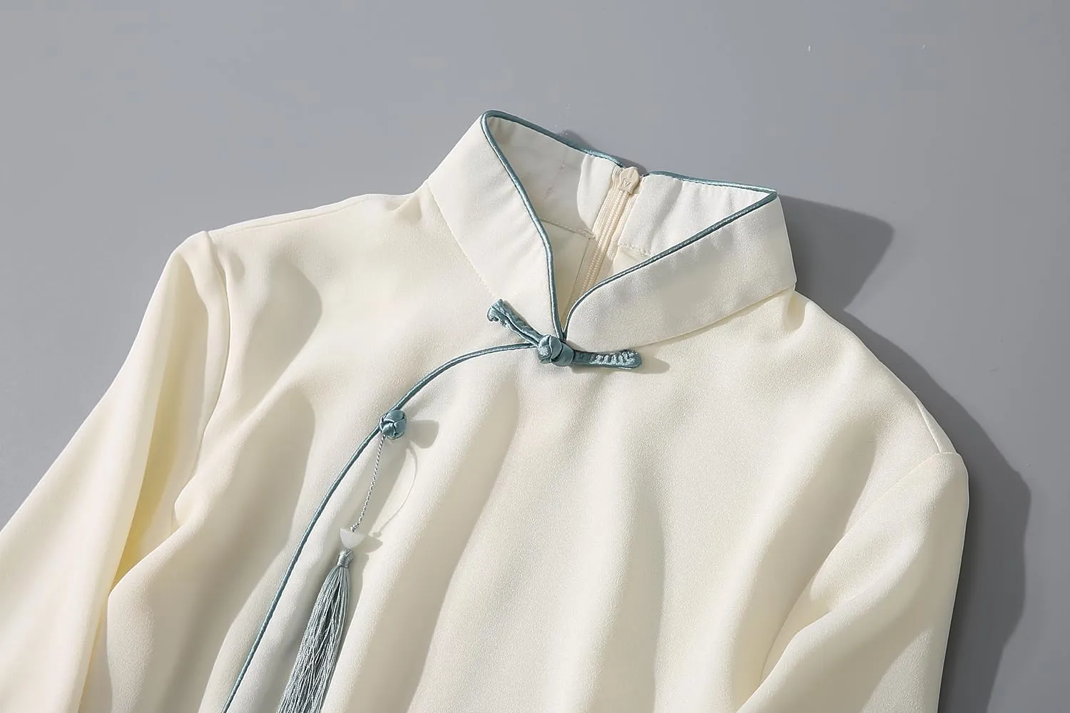 Women Vintage Chinese Hanfu Embroidered Chiffon Pullover Stand Collar Blouse 3/4 Sleeve Bottoming Shirt Elegant Tops