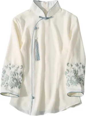 Women Vintage Chinese Hanfu Embroidered Chiffon Pullover Stand Collar Blouse 3/4 Sleeve Bottoming Shirt Elegant Tops
