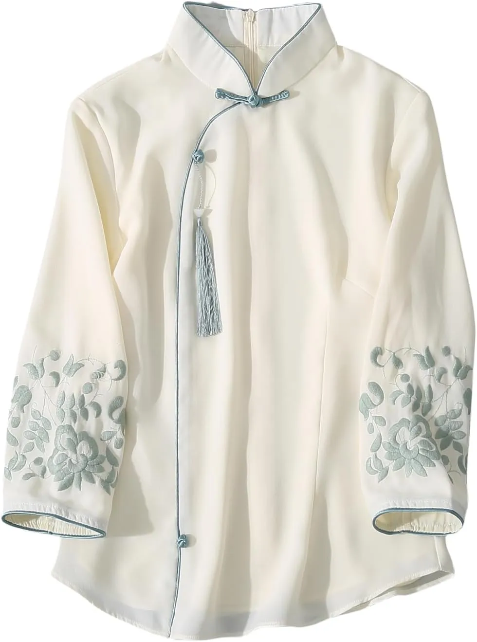 Women Vintage Chinese Hanfu Embroidered Chiffon Pullover Stand Collar Blouse 3/4 Sleeve Bottoming Shirt Elegant Tops