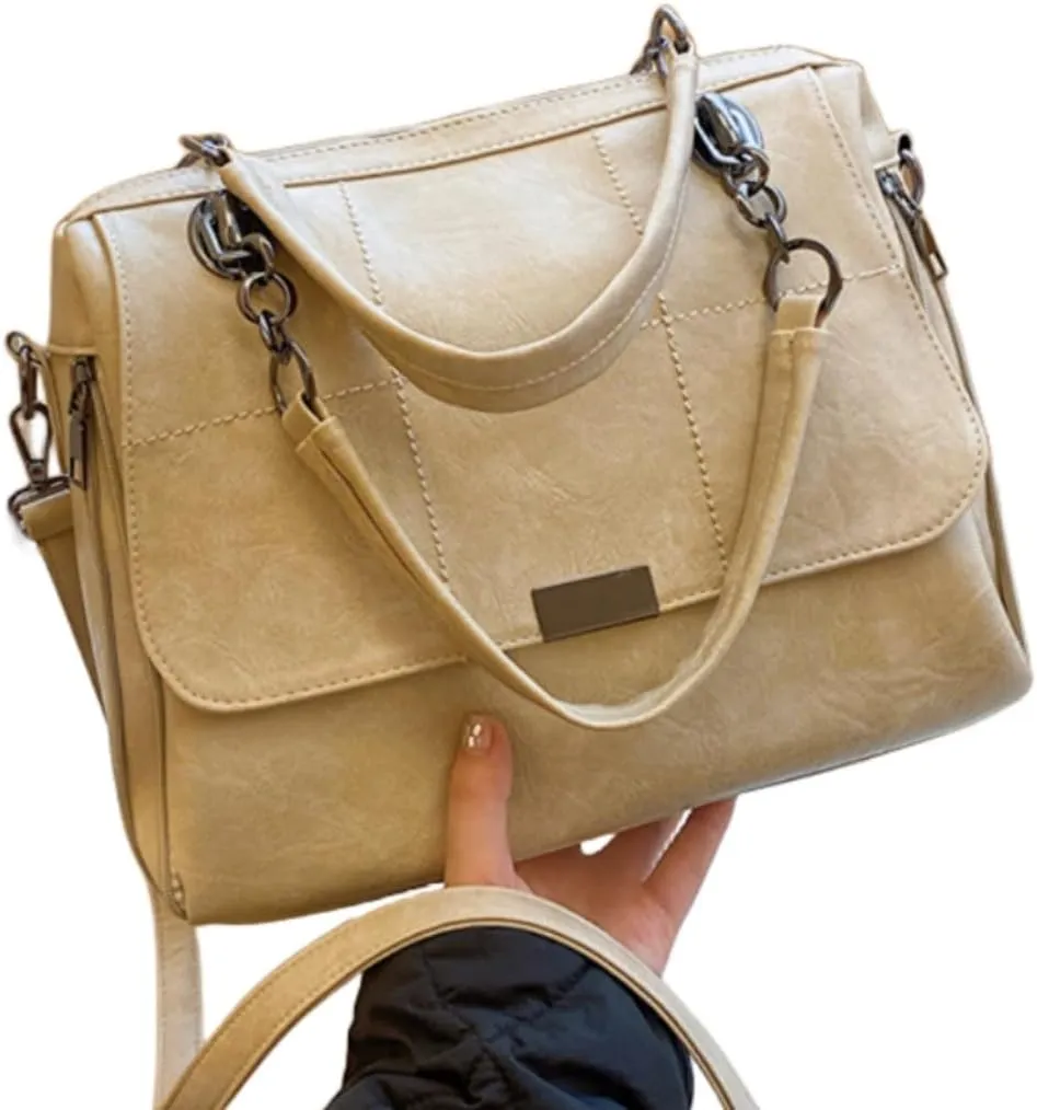 Women Vintage Faux Leather Satchel Handbag Urban Work Tote Purse Shoulder Cross Body Casual Daily Travel Bag,Khaki