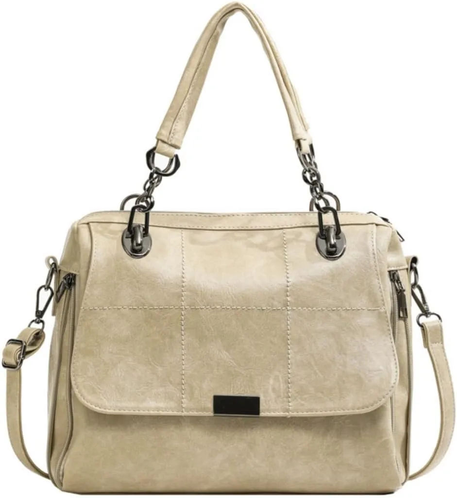 Women Vintage Faux Leather Satchel Handbag Urban Work Tote Purse Shoulder Cross Body Casual Daily Travel Bag,Khaki