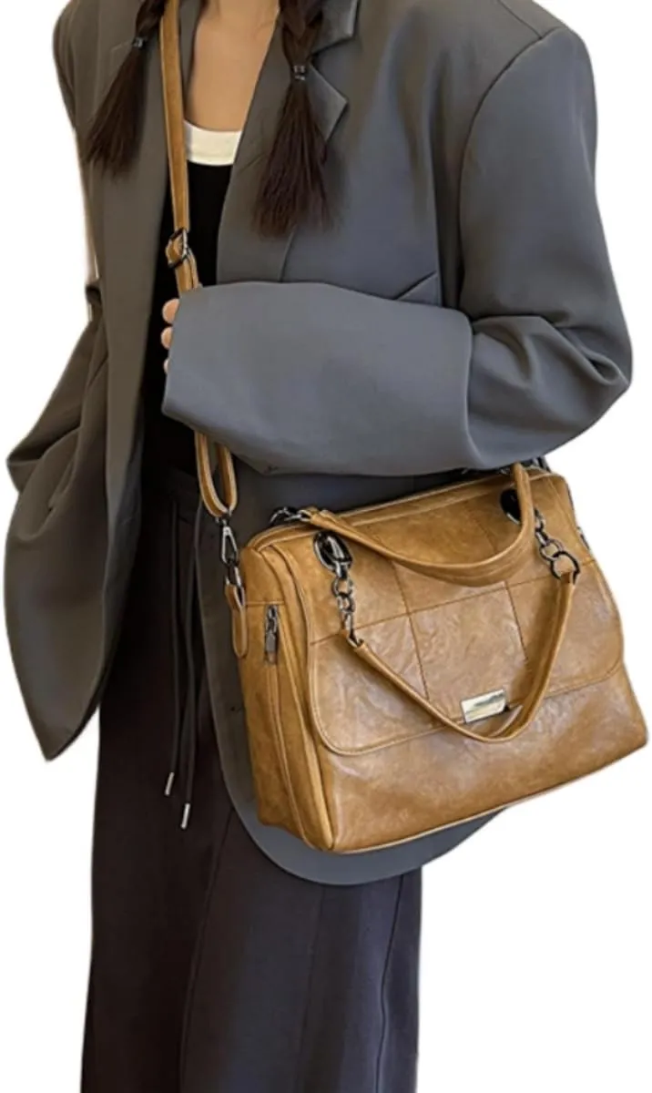 Women Vintage Faux Leather Satchel Handbag Urban Work Tote Purse Shoulder Cross Body Casual Daily Travel Bag,Khaki