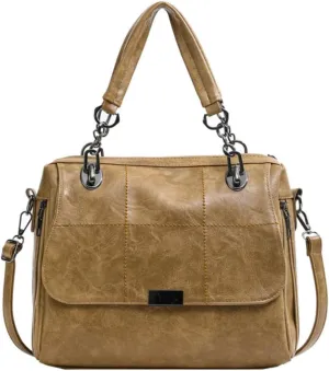 Women Vintage Faux Leather Satchel Handbag Urban Work Tote Purse Shoulder Cross Body Casual Daily Travel Bag,Khaki