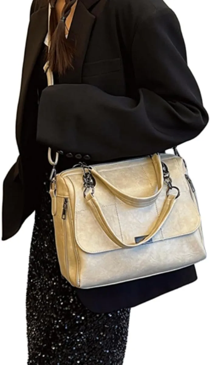 Women Vintage Faux Leather Satchel Handbag Urban Work Tote Purse Shoulder Cross Body Casual Daily Travel Bag,Khaki