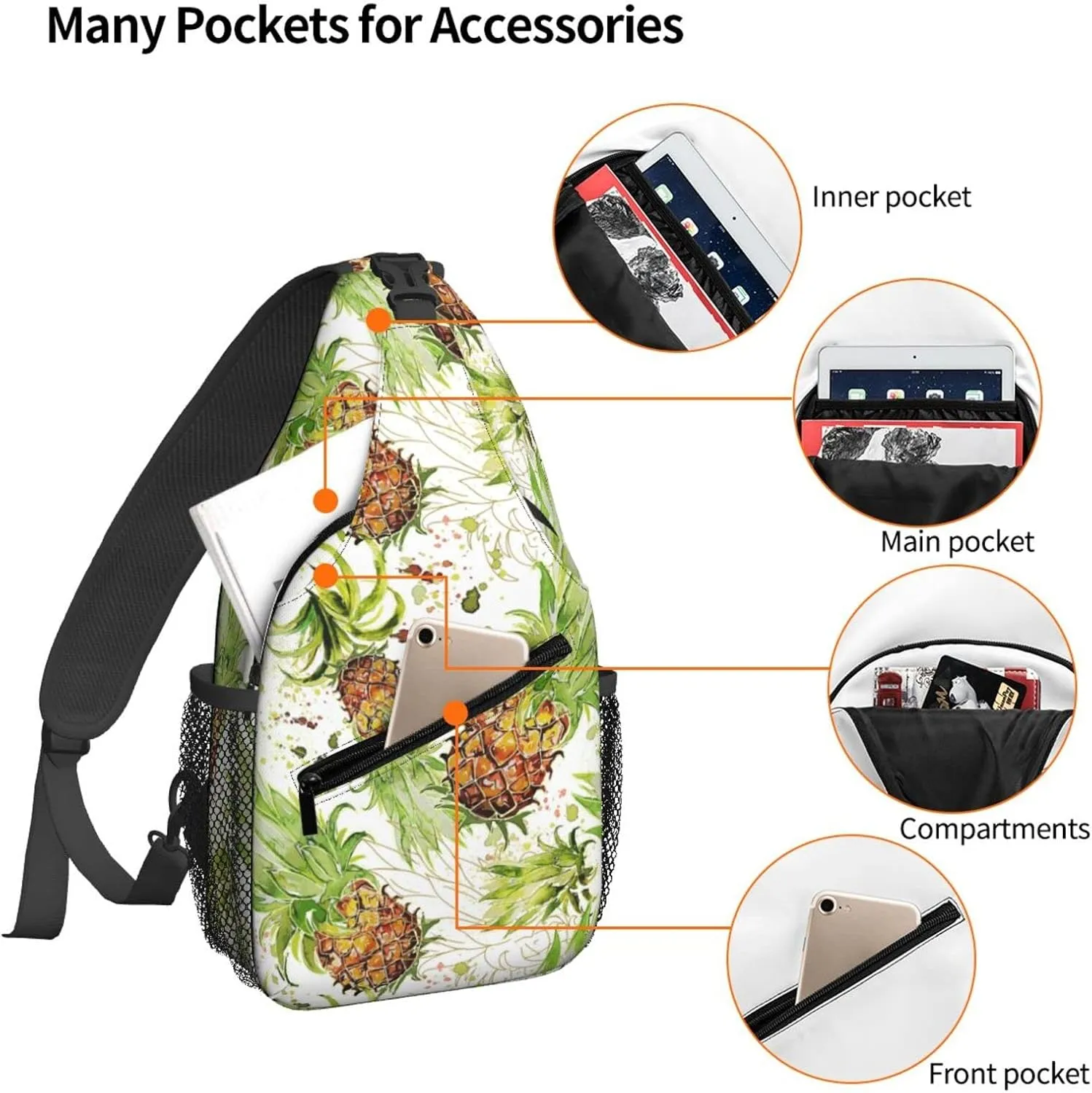 Women Watercolor Splash Fresh Pineapple Crossbody Sling Backpack for Men Chest Bag Shoulder Bag Lightweight One Strap Backpack Travel Outdoor Daypack