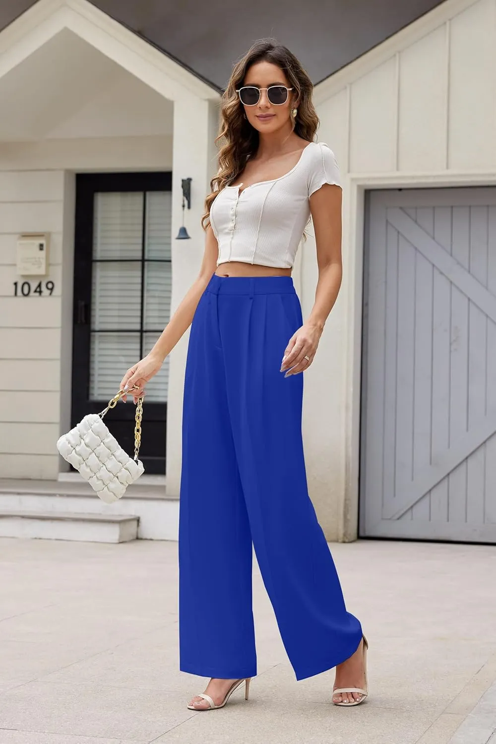 Women Wide Leg High Waist Wide Leg Pants Loose Fit Back Elastic Waist Pleated Front Trousers for Work Casual