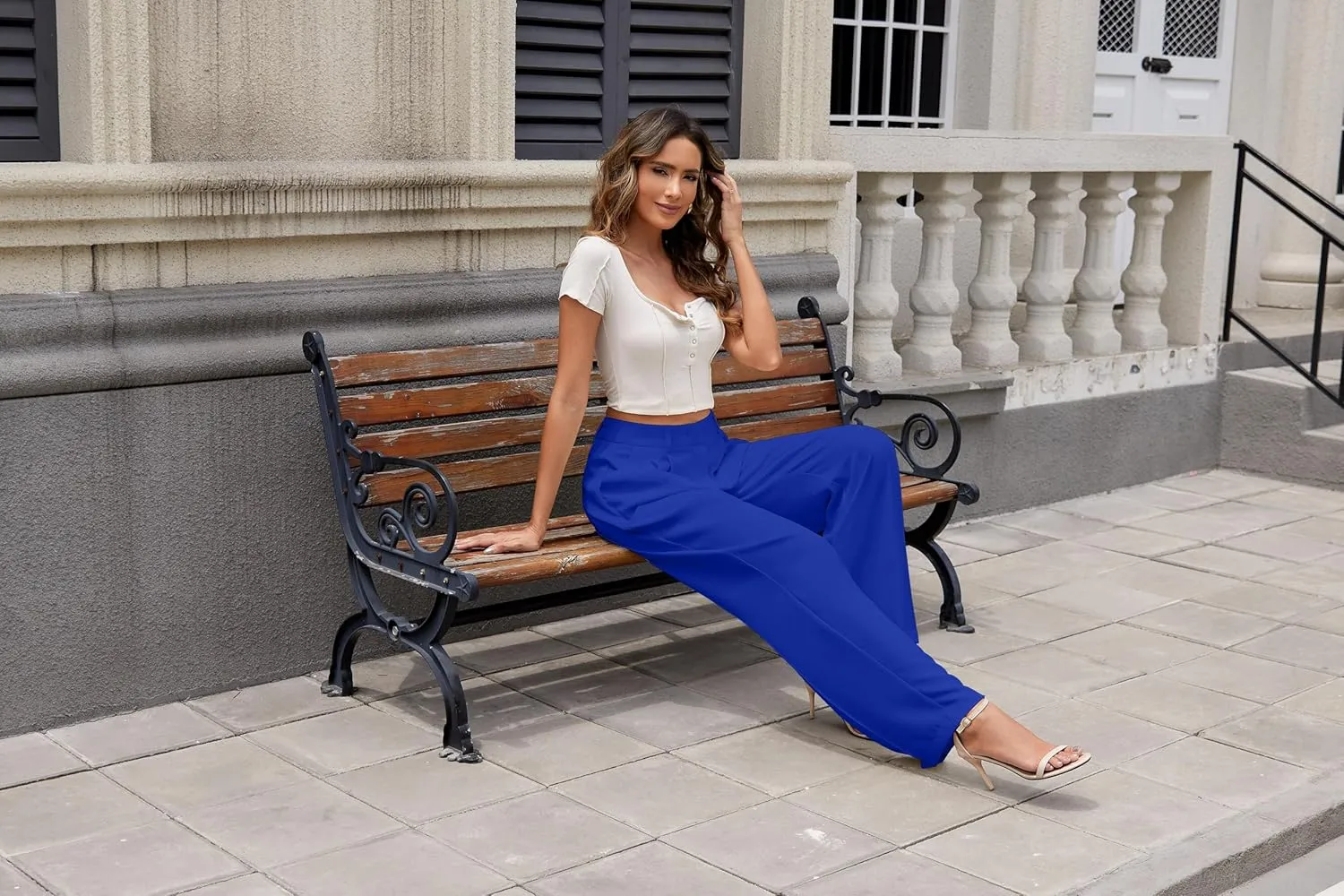 Women Wide Leg High Waist Wide Leg Pants Loose Fit Back Elastic Waist Pleated Front Trousers for Work Casual