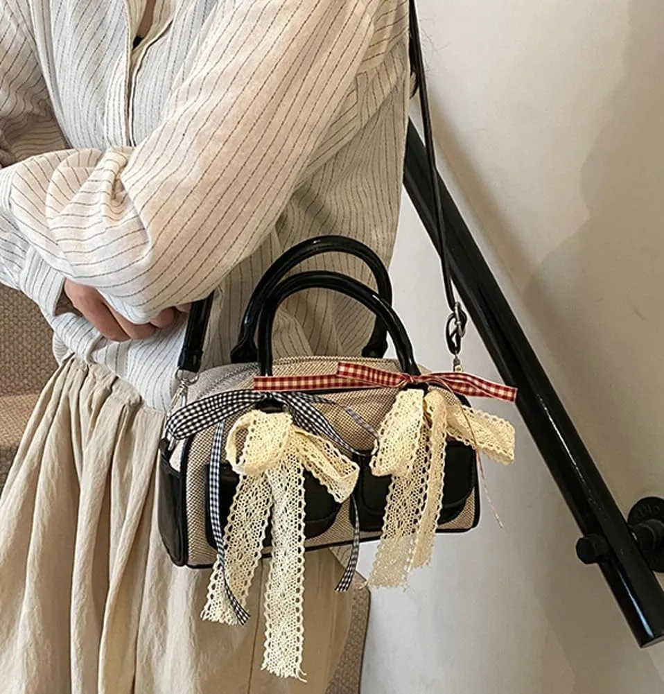 Women Woven Bag Bow Purse Y2k Ballet Hobo Purse Vintage Crossbody Bags Boston Handbags Trendy Satchel Sling Bag 2025 Fashion