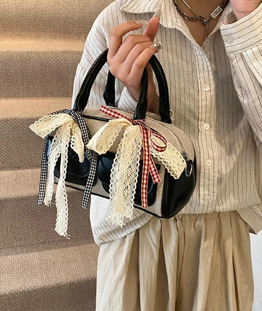 Women Woven Bag Bow Purse Y2k Ballet Hobo Purse Vintage Crossbody Bags Boston Handbags Trendy Satchel Sling Bag 2025 Fashion