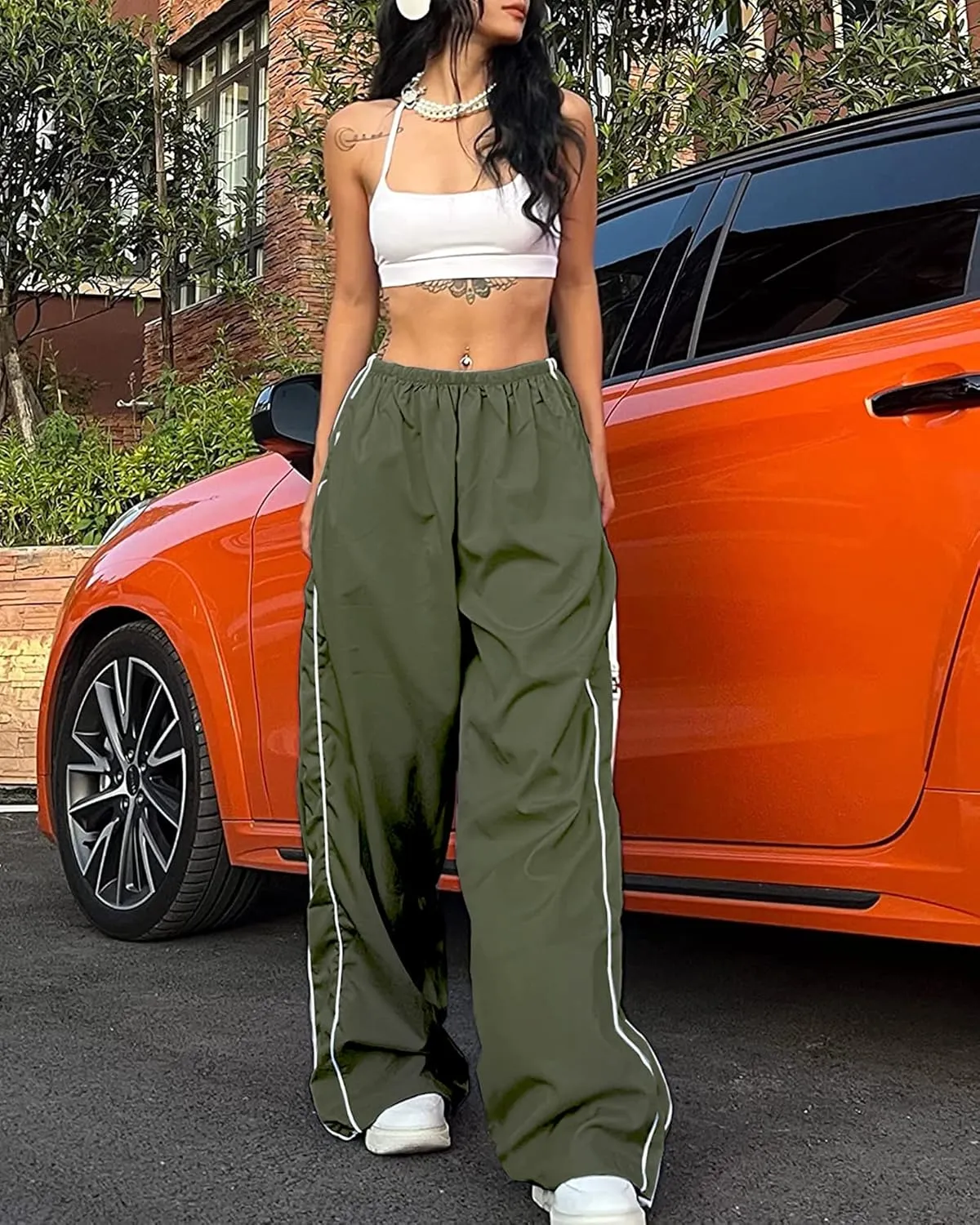 Women Y2K Baggy Track Pants Elastic Waist Wide Leg Parachute Jogger Sweatpants