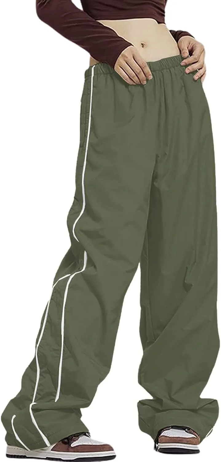 Women Y2K Baggy Track Pants Elastic Waist Wide Leg Parachute Jogger Sweatpants