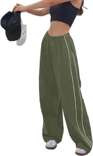 Women Y2K Baggy Track Pants Elastic Waist Wide Leg Parachute Jogger Sweatpants