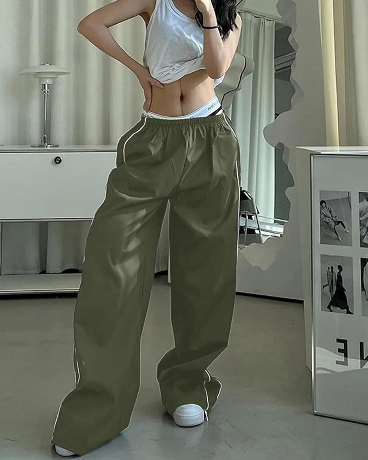 Women Y2K Baggy Track Pants Elastic Waist Wide Leg Parachute Jogger Sweatpants